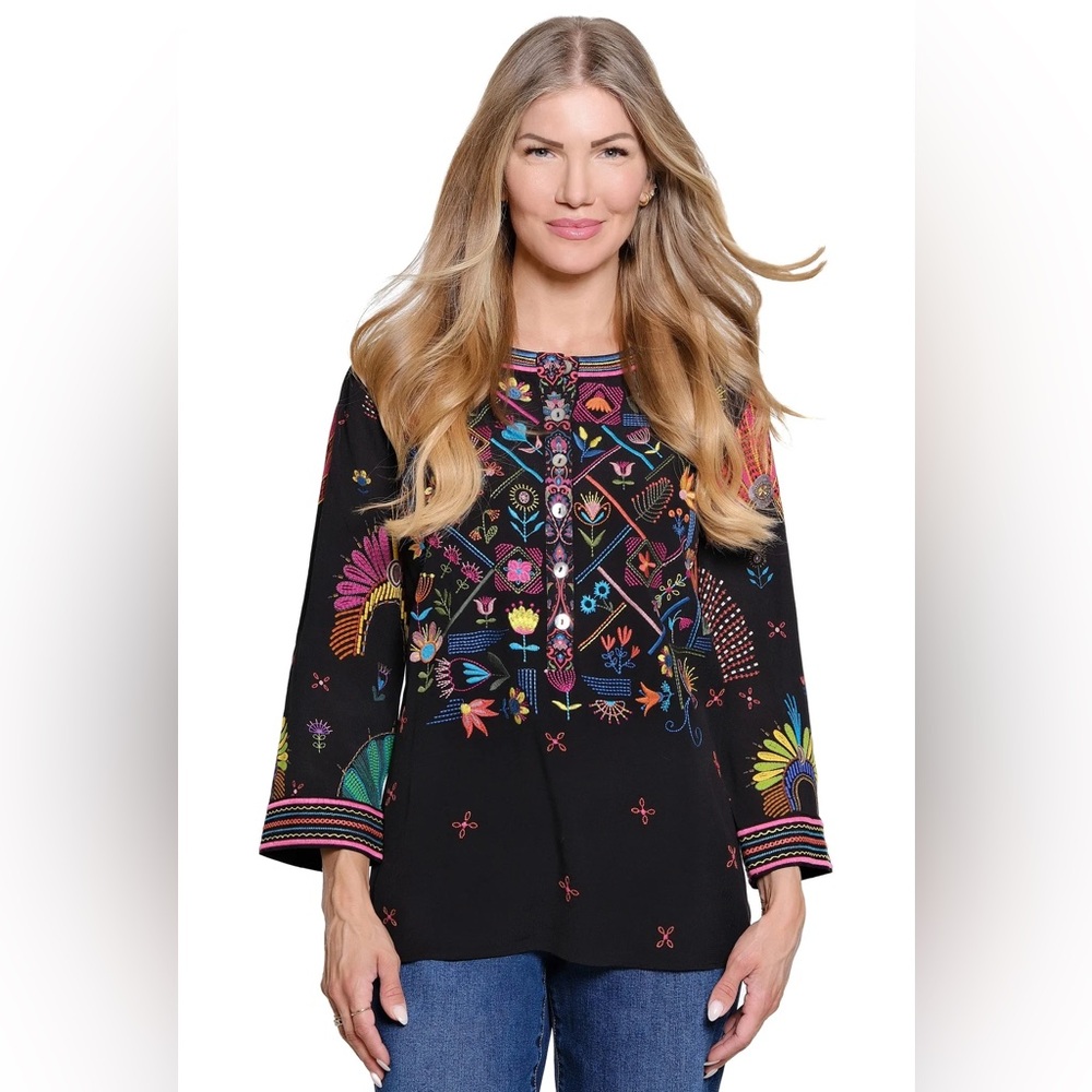 JOHN MARK EMBROIDERED FRONT BUTTON BLACK TUNIC